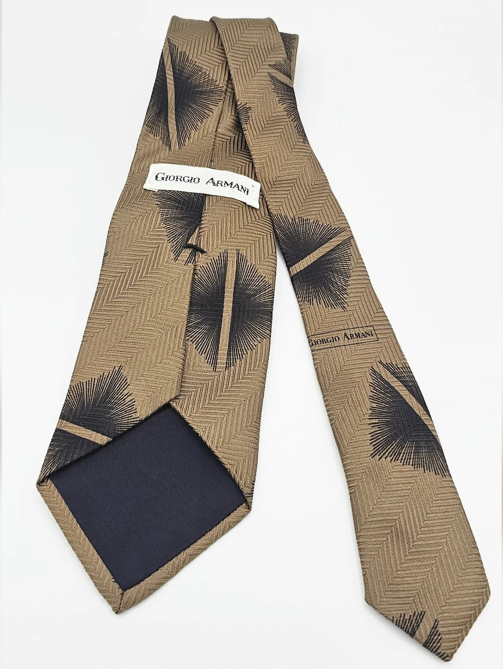 Vintage 1970-80's Era GIORGIO ARMANI Dark Tan and‎ Black Geometric 100% Silk Tie
